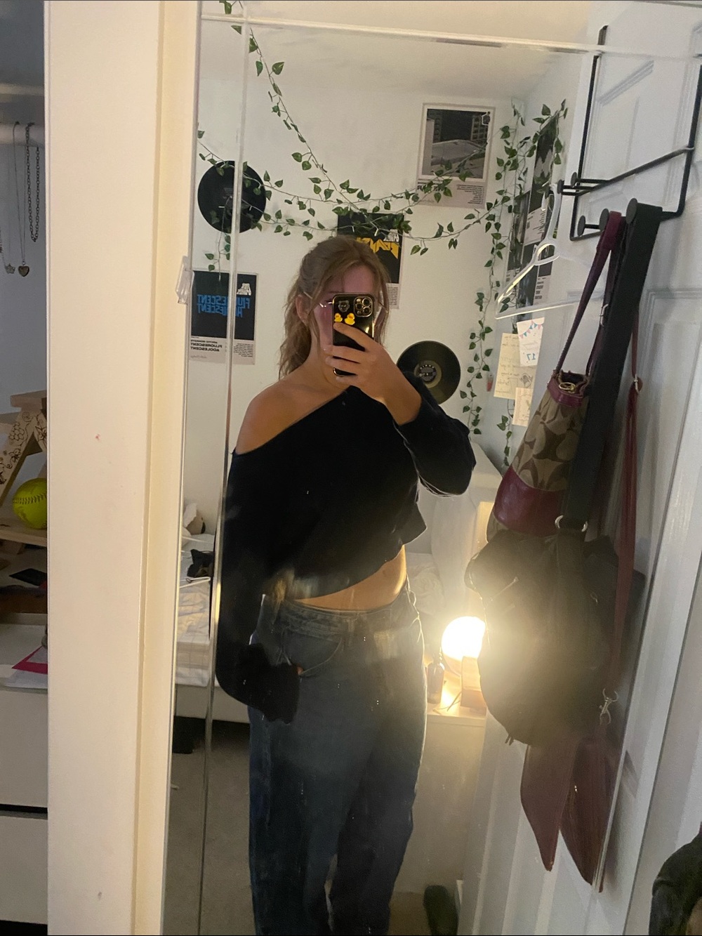 Garage Navy Off Shoulder Cropped Sweatshirt